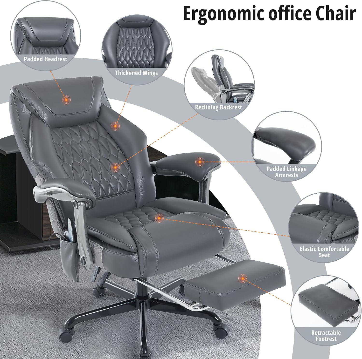 Massage Office Chair with Heat & Footrest, Ergonomic Reclining Executive Desk Chairs with 6-Point Vibration, PU Leather Computer Chair for Home Office or Gaming
