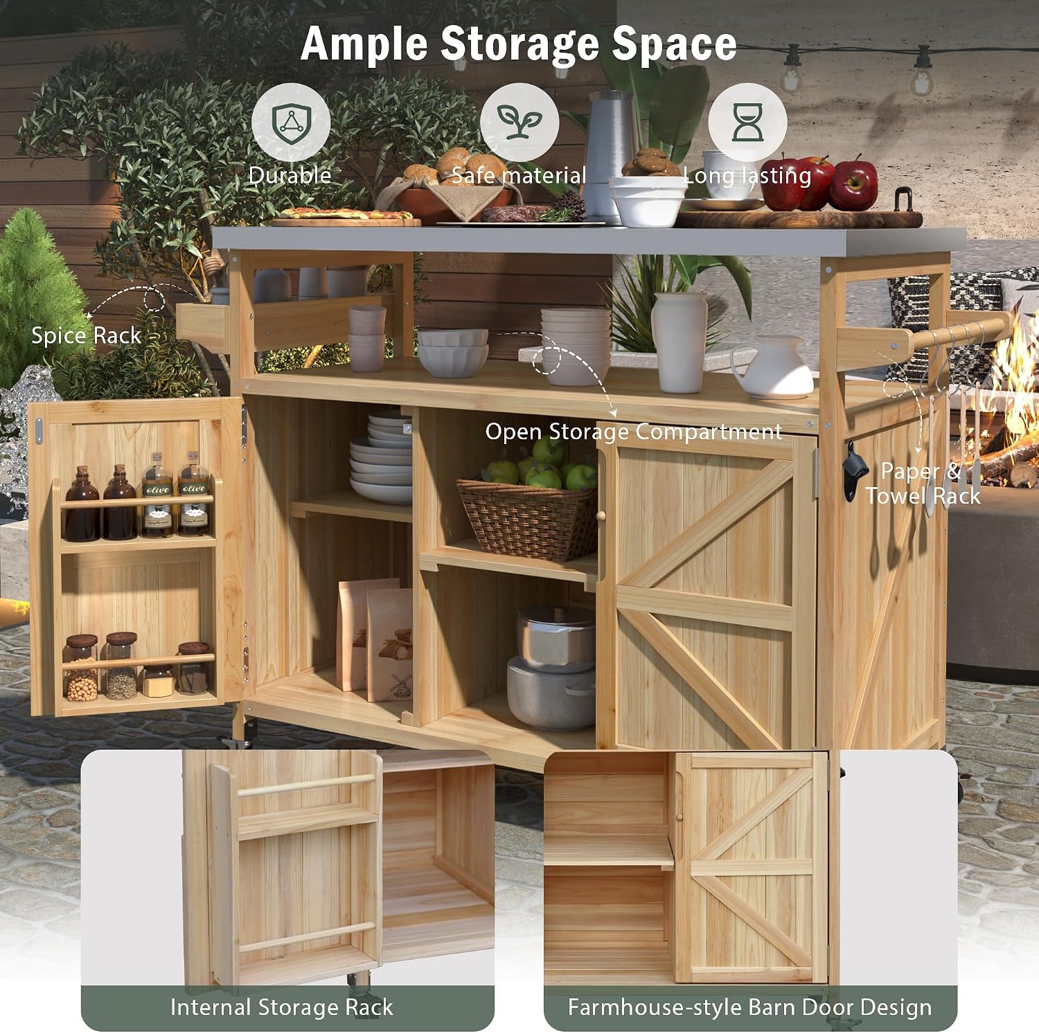 Outdoor Grill Cart with Storage, Farmhouse Outdoor Storage Cabinet with Stainless Steel Top, Wood Bar Patio Kitchen Island with Spice Rack, Towel Holder, Hooks & Locking Wheels for Patio BBQ(Wood)