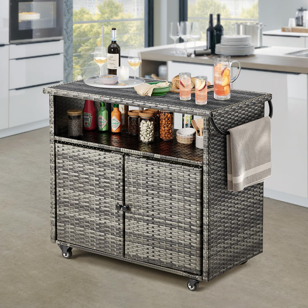 Outdoor Storage Cabinet on Wheels, Outdoor Bar Table with Rounded Handle, Rolling Wicker Storage Cabinet for Backyard,Poolside,Garden, Grey