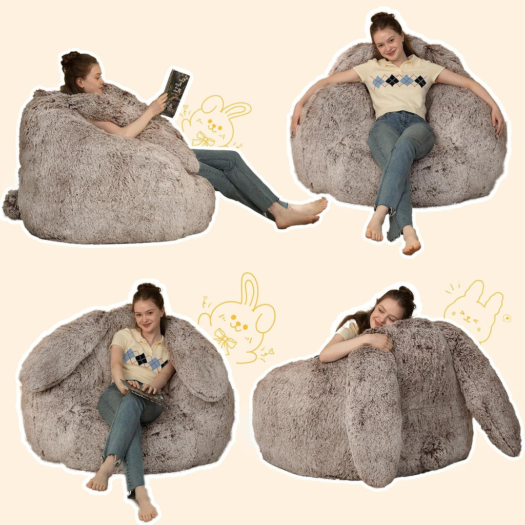 Achicsofar Bean Bag Chair for Adults Kids Giant Fluffy Plush Bean Bag Sofa with Filler Faux Fur Rabbit Shaped Beanbag Chairs Comfy Accent Floor Couch for Gaming, Reading in Bedroom, Living Room, Dorm