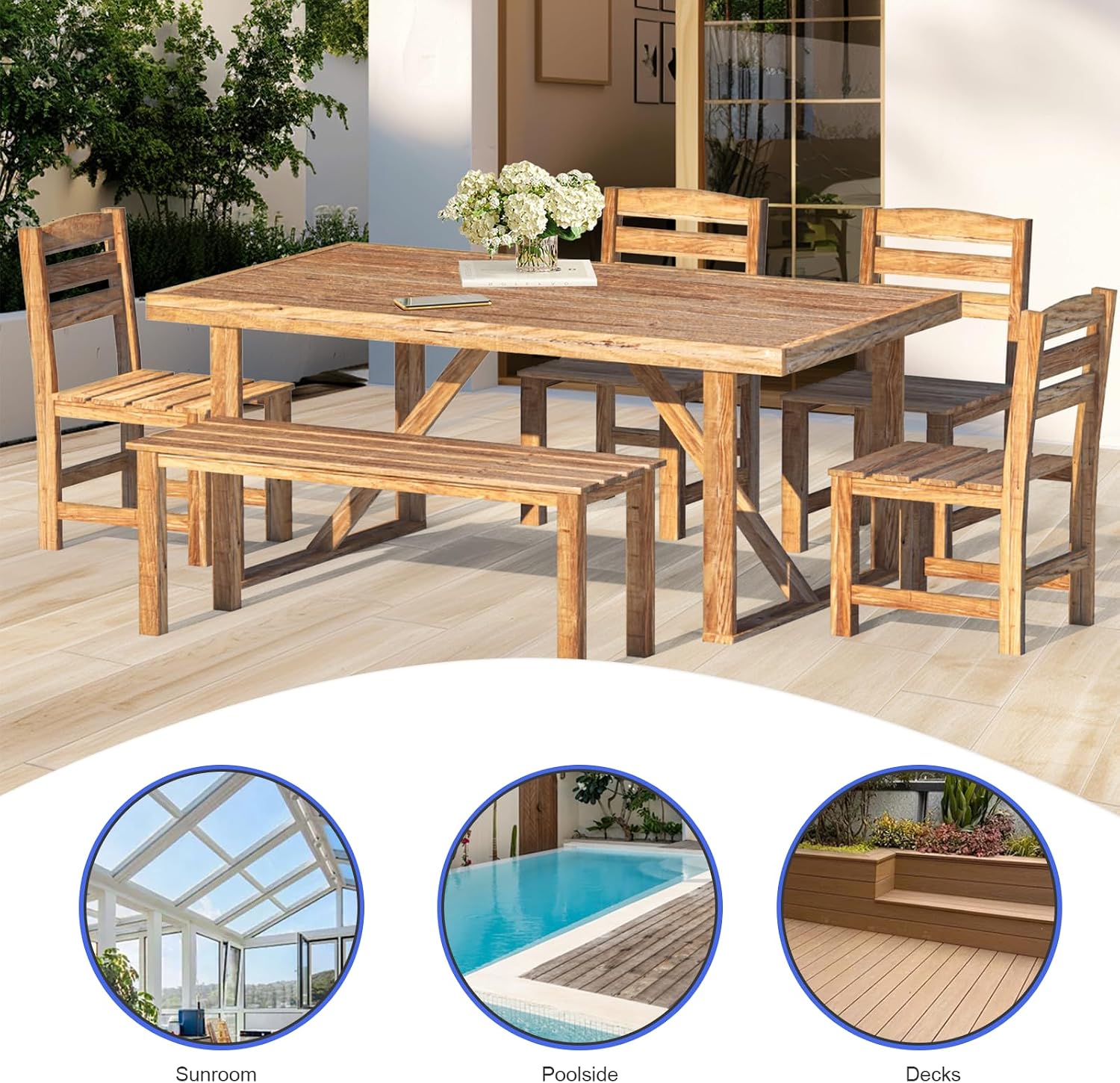 7 Pieces Patio Dining Set for 6, Acacia Wood Outdoor Dining Table and Chairs, All Weather Patio Furniture Set with Bench for Yard Garden Lawn Porch & Poolside