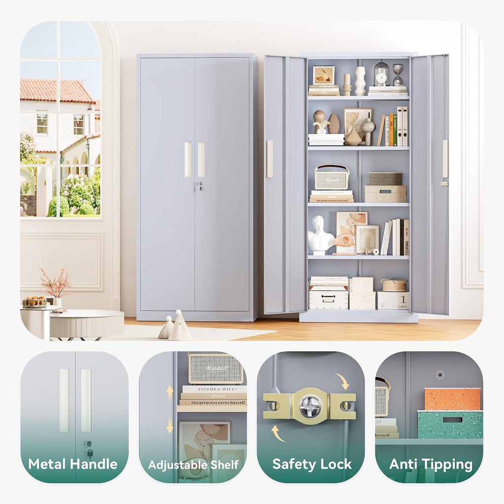 Greenvelly 63' H Metal Storage Cabinet Dark Grey, Locking Metal Cabinet, Store Tools, Clothes, Tableware and Toiletries, Garage Cabinets with Adjustable Shelves for Office, Home, Garage, Pantry