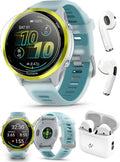 PlayBetter Garmin Forerunner 570 (47mm, Amp Yellow/Translucent Turquoise) Advanced GPS Running and Triathlon Smartwatch Bundle HD Screen Protectors & Wireless Earbuds
