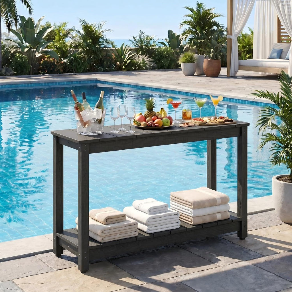 Stoog Outdoor Console Table, All-Weather 2-Tier Patio Console Table with Adjustable Feet, Low Maintenance, for Backyard, Garden, Entryway, and Deck, Black