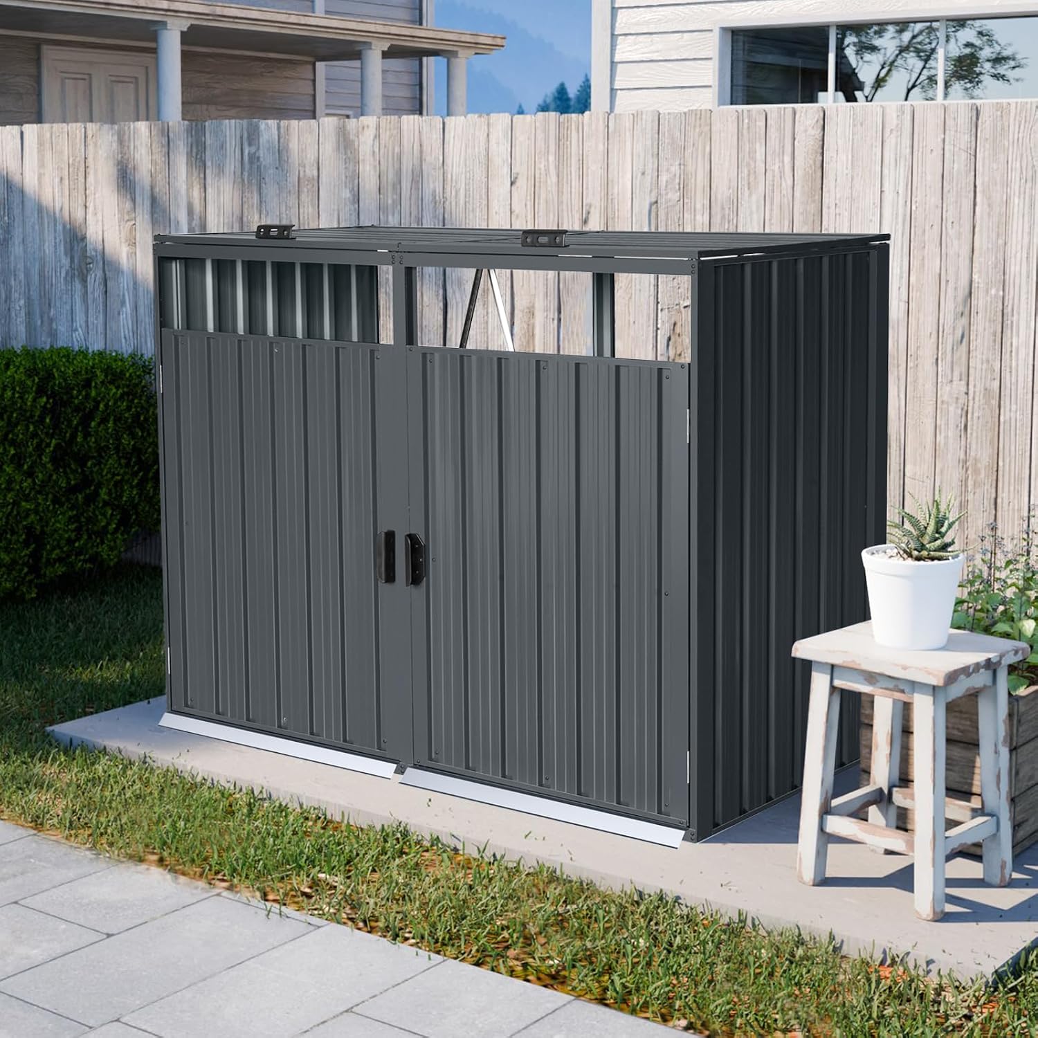 Outdoor Garbage Bin Storage Shed Galvanized Steel Outdoor for 2 Trash cans with Lockable Doors Metal Storage Shed for Garden Yard Lawn (Black-2)