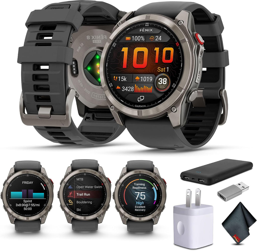 Garmin Fenix 8 Pro 51mm, AMOLED Display, inReach Technology, Premium Connected Multisport GPS Smartwatch, Sapphire, Titanium with Graphite/Black Silicone Band, Fitness Tracker Smart Watch Bundle