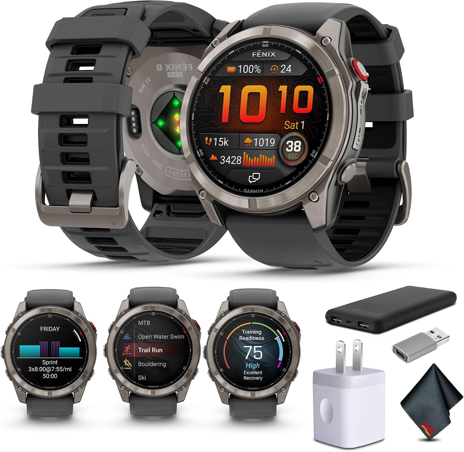 Garmin Fenix 8 Pro 51mm, AMOLED Display, inReach Technology, Premium Connected Multisport GPS Smartwatch, Sapphire, Titanium with Graphite/Black Silicone Band, Fitness Tracker Smart Watch Bundle