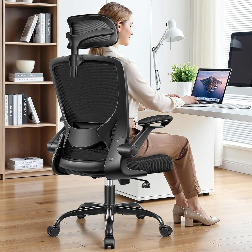 BESTFAIR Office Chair Ergonomic Desk Chair, Breathable Mesh Office Chairs with Adjustable Lumbar Support, Flip-Up Arms, Computer Desk Chair Comfy for Home Office, 2 Pack