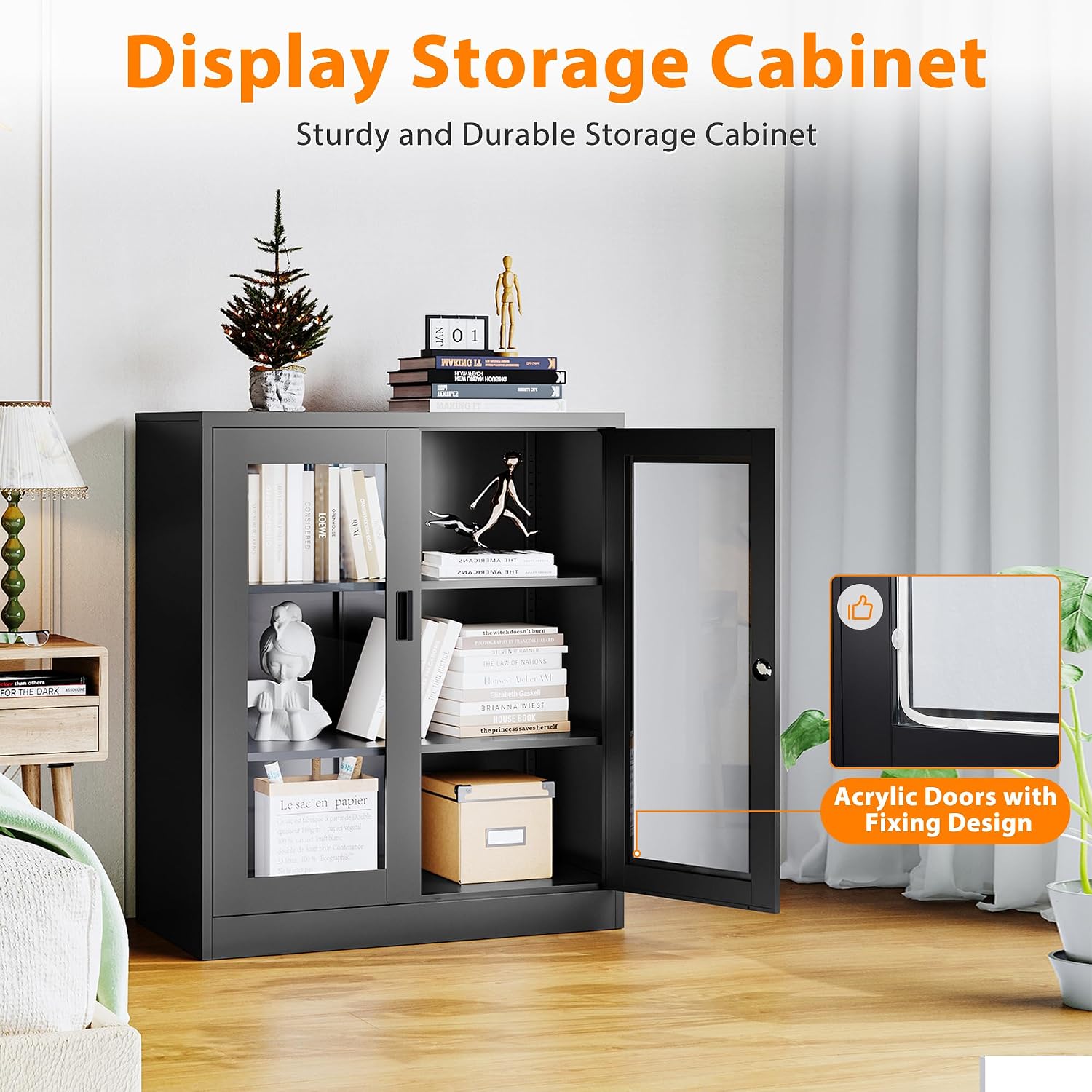 Lockable Display Cabinet with Acrylic Doors and Adjustable Shelves, Metal Storage Cabinet Curio Liquor Cabinet, Display Case Bookcase for Home Office, Pantry(Black)