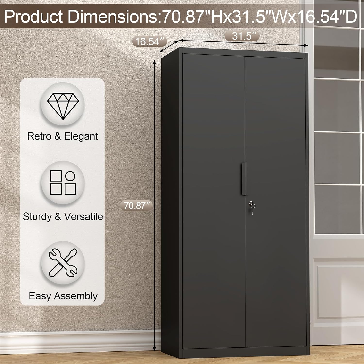 GREATMEET Metal Garage Storage Cabinets, 71' Tall Locking Cabinets with Doors and Shelves, Utility Cabinet with Lock for Garage, Home, Black