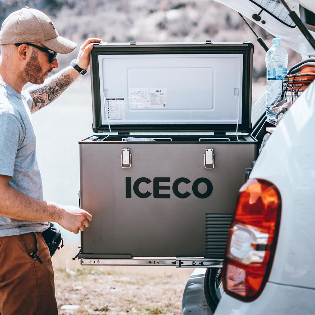ICECO VL45 12 Volt Refrigerator, 45L Portable Refrigerator with SECOP, 0°-50°F 12v Car Fridge Freezer, 12/24VDC 110-240VAC, Electric Cooler Portable Freezer for Car, RV, Camping| With Sliding Rail