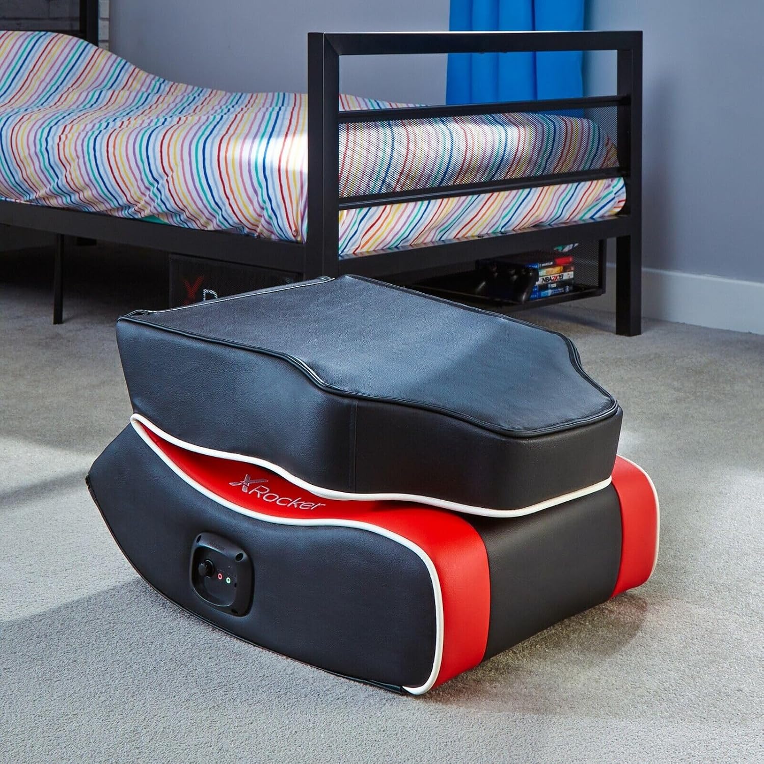 X-Rocker Shadow Gaming Chair for Kids and Juniors, 2.0 Audio Floor Rocker, Low Folding Rocking Seat with 2 Stereo Sound Speakers, Padded Foam Gaming Seat for Children for XBOX, PS4, PS5, Switch - RED