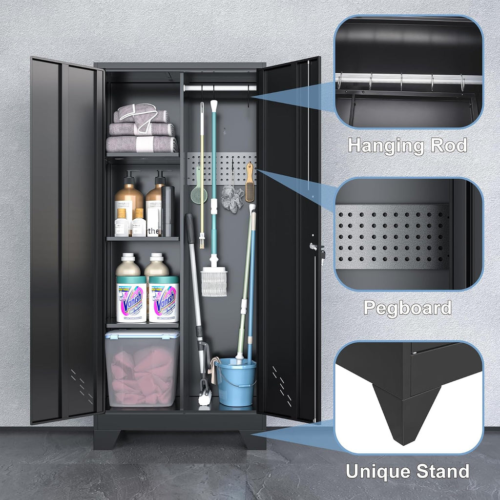 OSEILLC Metal Storage Cabinet with Locking Doors, 61' Tall Garage with Hanging Rod, Broom Closet, Freestanding Bathroom Storage Cabinet, Cleaning Tool,Utility Cabinets for Storage Locker,Black