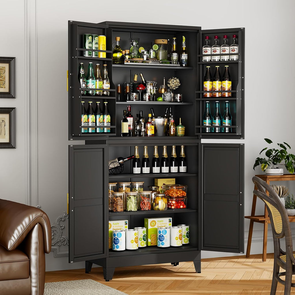 Black Pantry Storage Cabinet, 75' Kitchen Pantry with Doors and 3 Adjustable Shelves, Metal Freestanding Buffet Cupboards Sideboard, for Office, Home, Garage, School