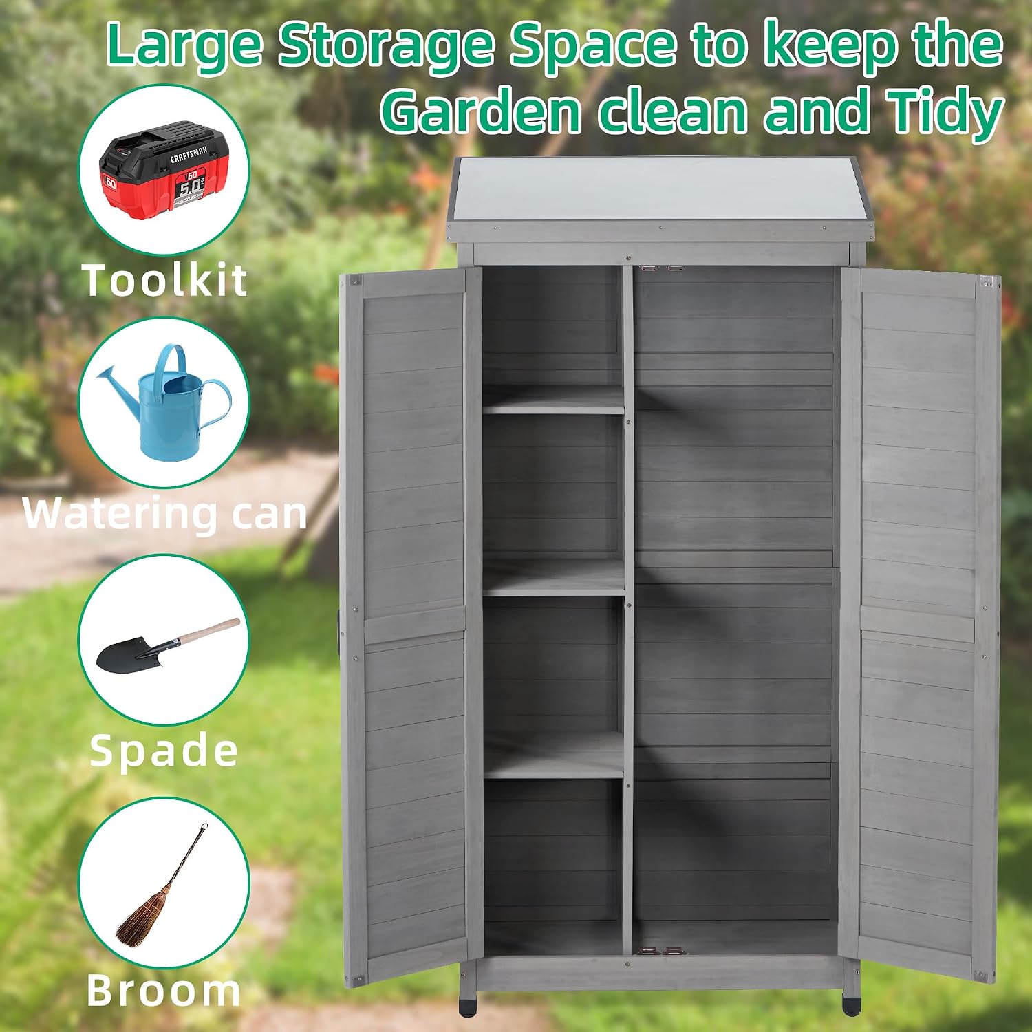 68 Inches Outdoor Storage Cabinet and Metal Top,Garden Shed,Outdoor Wood Tall Shed for Yard Patio，Outdoor Wooden with Top Vertical Tool Backyard Garden Patio Lawn (Gray)
