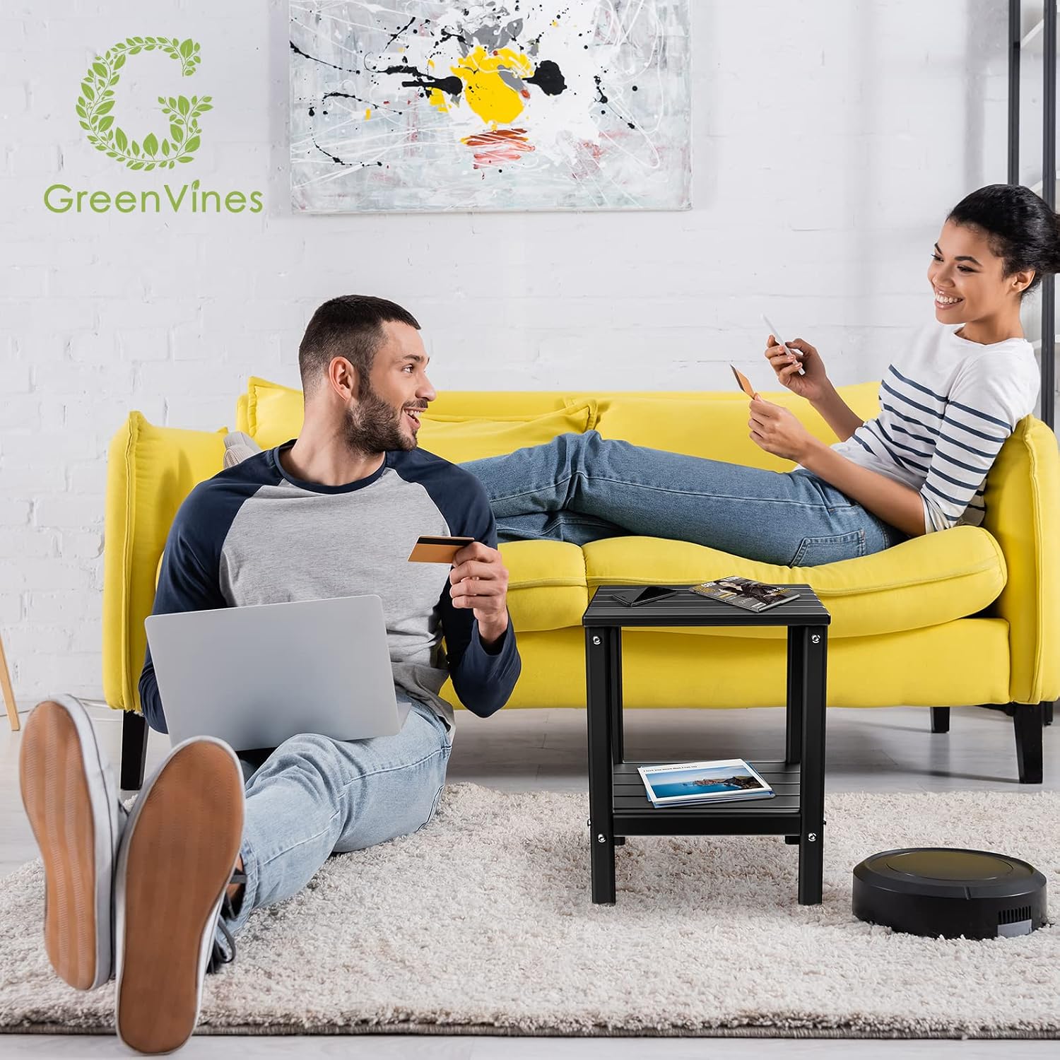 GREENVINES Adirondack-Outdoor-Side-Table | Set of 4 | 14 x 13 Inches | HDPE Plastic | All Weather | Black | Outside End Tables | Storage Shelf | for Patio Porch Backyard Indoor