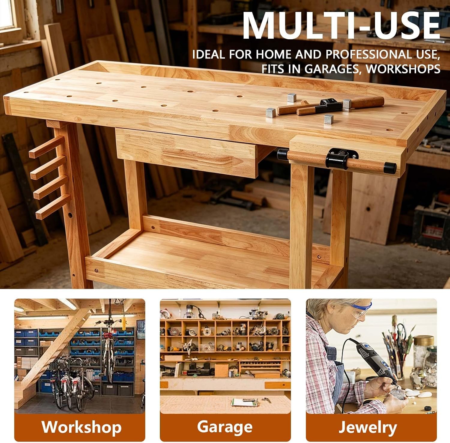 55' Rubber Wood Workbench, Heavy Duty Work Bench with Drawer& Shelf, Work Bench Table for Garage, Workshop, Home Storage, Woodworking Bench, 330 lbs Weight Capacity (48')