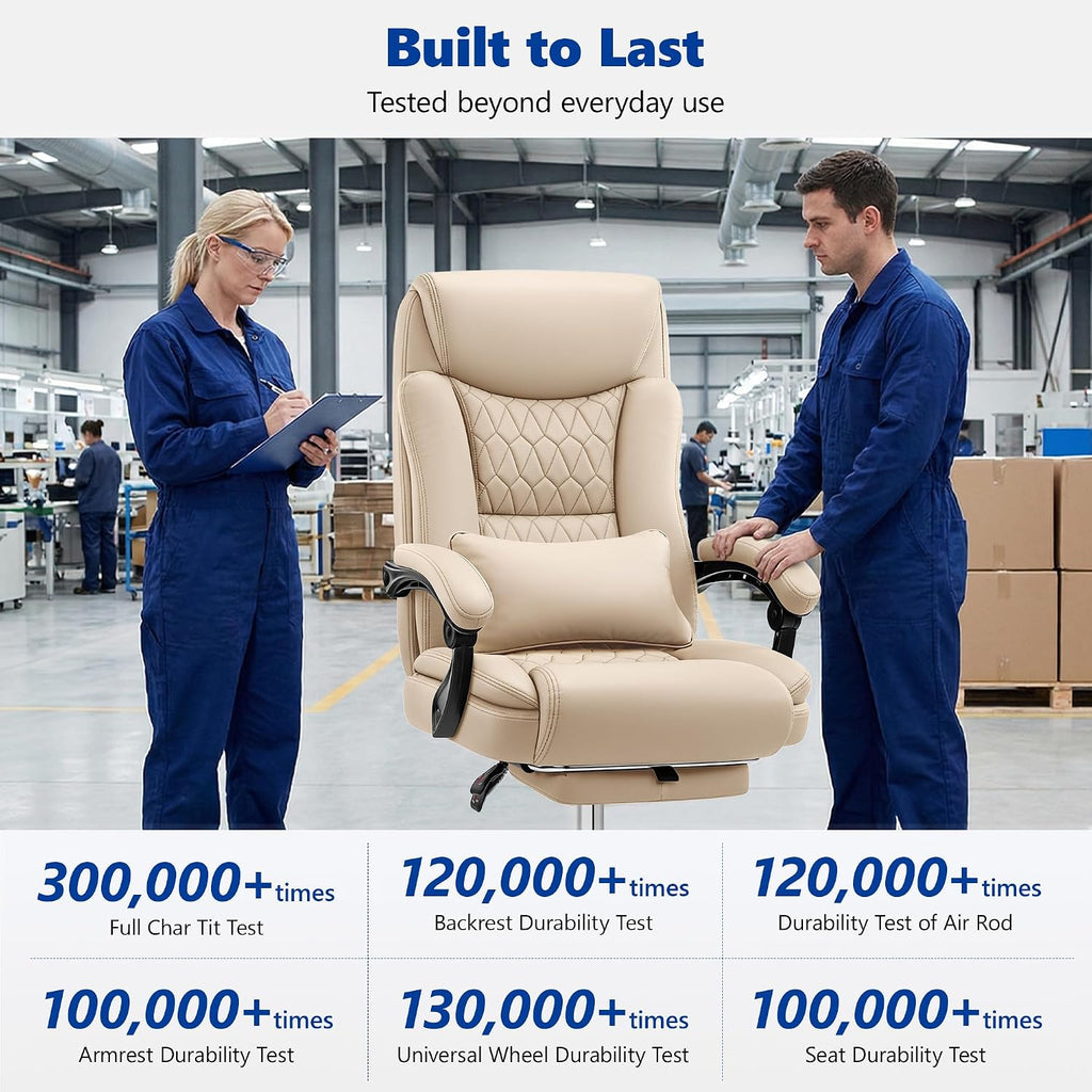 Big and Tall Office Chair 400lbs - Wide Memory Foam Seat with Spring Pack, Reclining Executive Desk Chair with Footrest, Ergonomic Heavy Duty High Back Computer Chair, Khaki