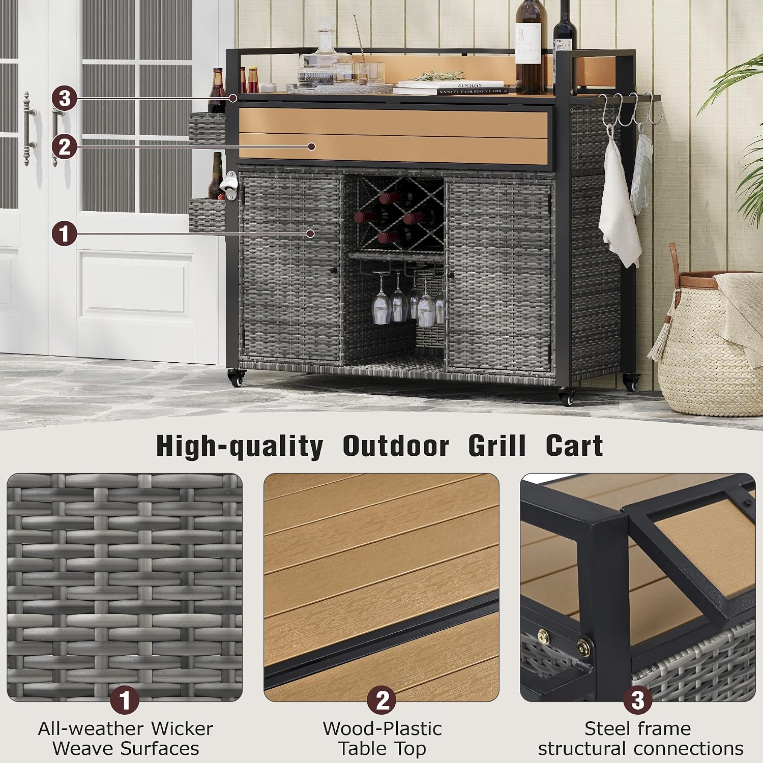 Merax 52.8' W Wicker Outdoor Grill Cart with Extended Plastic Wood Table Top, Rolling Kitchen Island on Wheels with Storage Cabinet, for Patio Backyard Garden Poolside, Double Handle Design, Grey