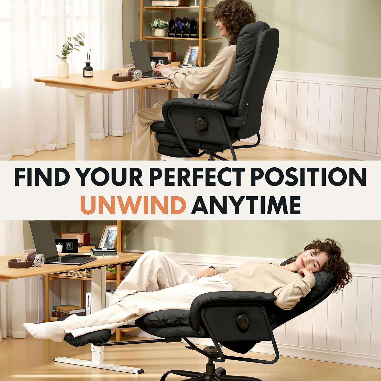 FLEXISPOT Ergonomic Office Chair with Footrest 90-165° Reclining High Back Desk Chairs Indoor Lounge Chair with Wheels Lumbar Support Pillow, Chairs for Working Relaxing Cross Legged, Leather, Black
