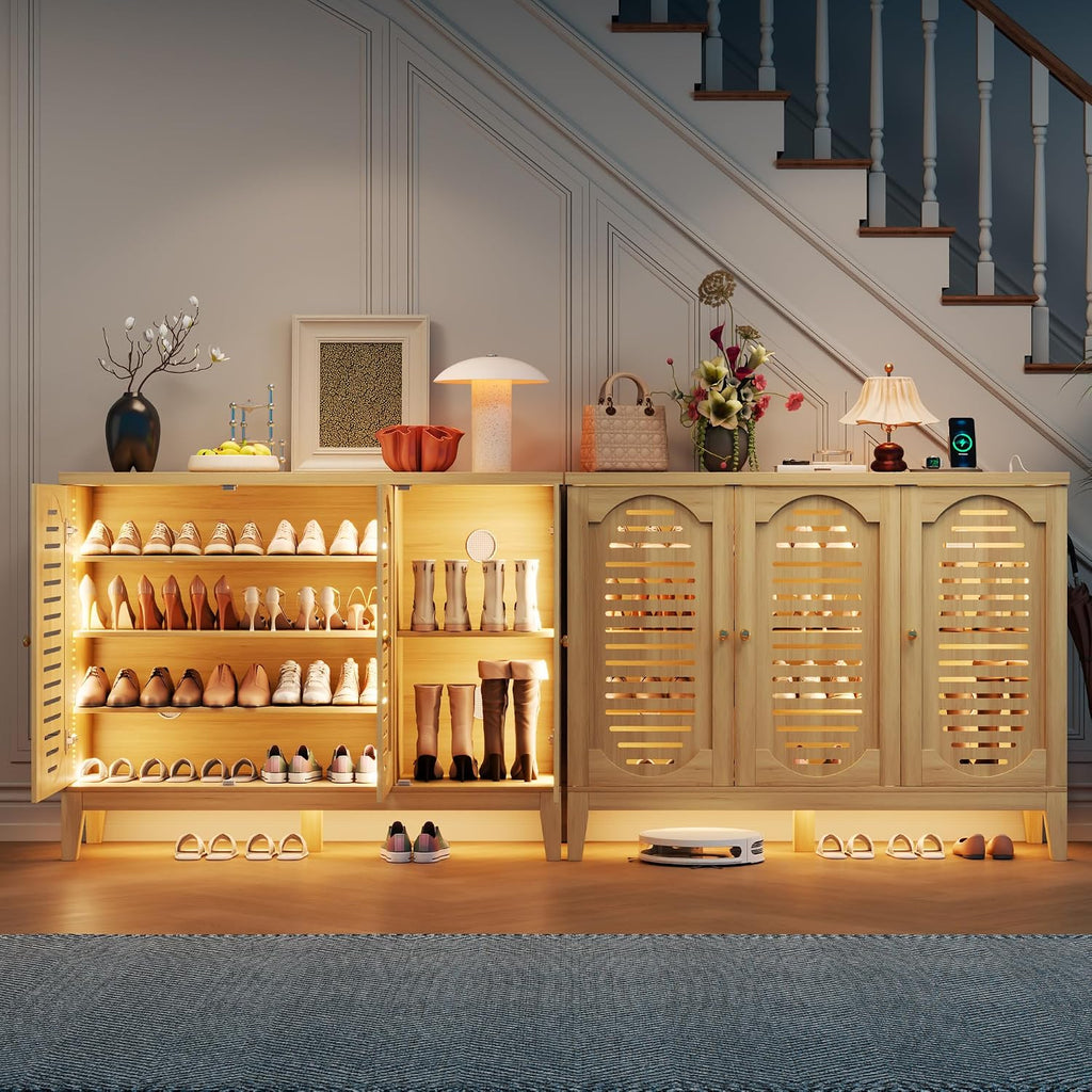 Vlsrka Shoe Cabinet with 3 Doors, Narrow Wooden Shoe Cabinet, Hidden Shoe Storage for Entryway, Foyer, Hallway (Brown C)