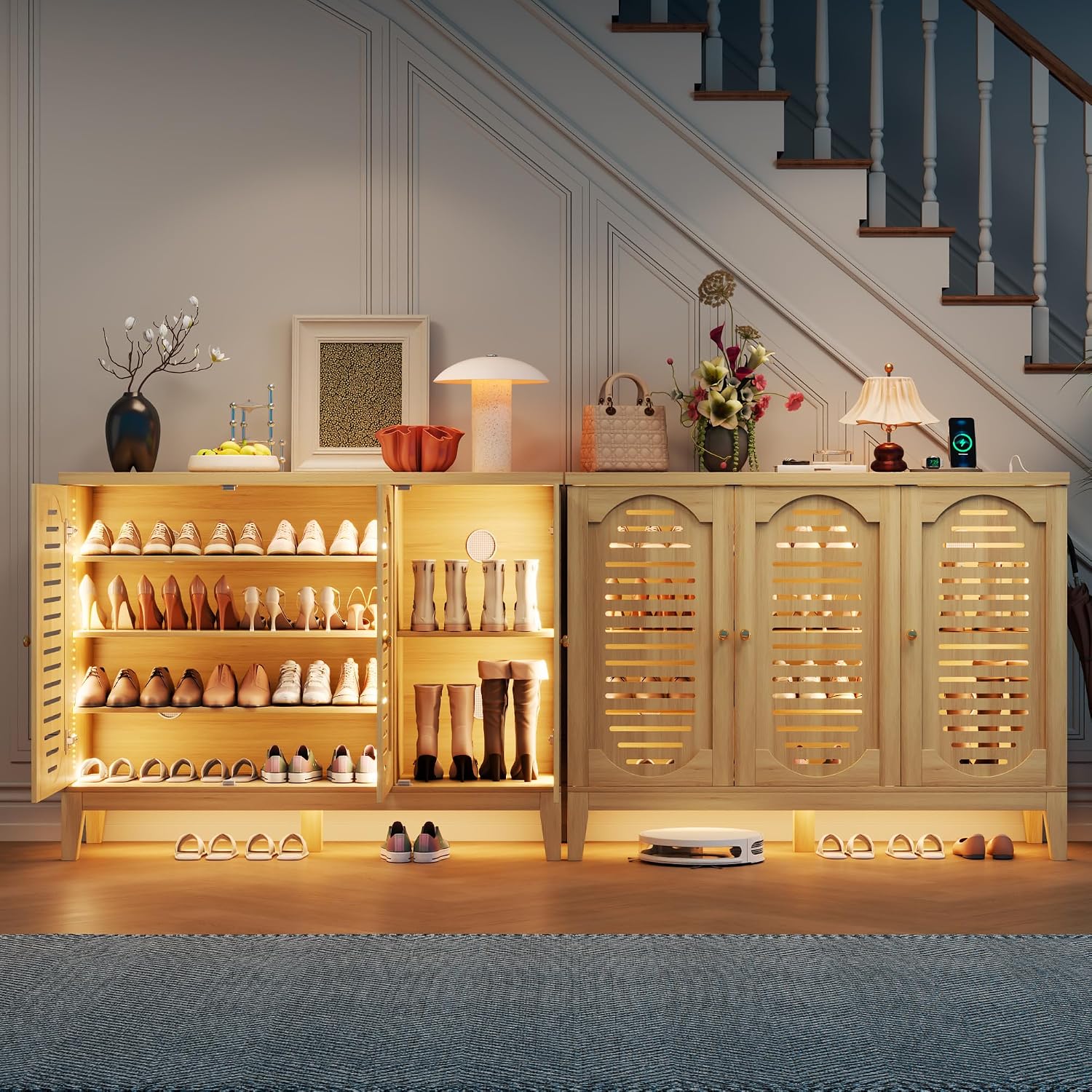 Vlsrka Shoe Cabinet with 3 Doors, Narrow Wooden Shoe Cabinet, Hidden Shoe Storage for Entryway, Foyer, Hallway (Brown C)