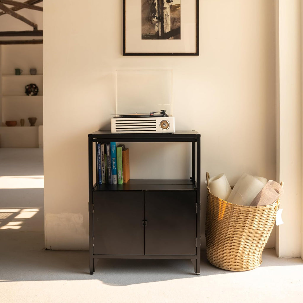 Metal Folding Storage Cabinet, Morden Buffet Foldable Sideboard, Steel Entryway Console Cabinet with Wheel for Patio Outdoor Indoor Kitchen Bathroom, 5mins Assembly (Black)
