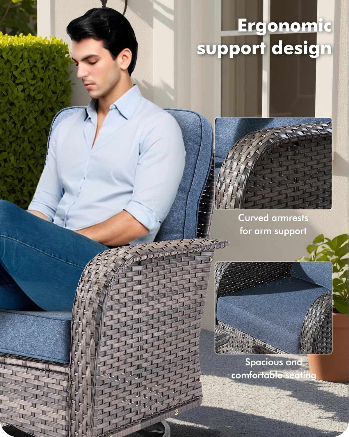 CAODOC 3-Piece Swivel Rocking Rattan Chair Outdoor, Patio Bistro Furniture Conversation Set, Wicker Chair with Coffee Table Blue