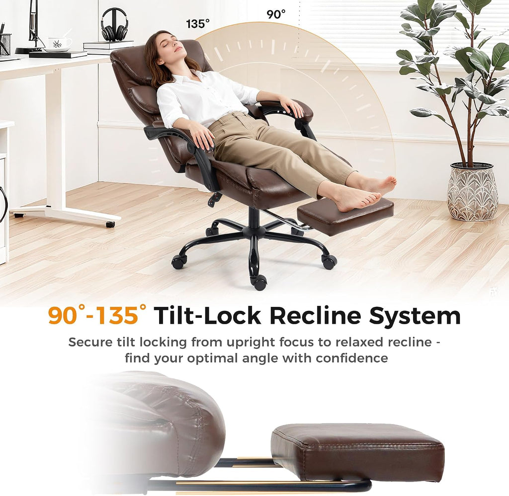 Office Chair, Executive High Back Leather Home Office Desk Chair with Footrest & Lumbar Support - Ergonomic Reclining Comfortable Wide Swivel Rolling Gaming Computer Chair 90-135° Adjustable Tilt Lock