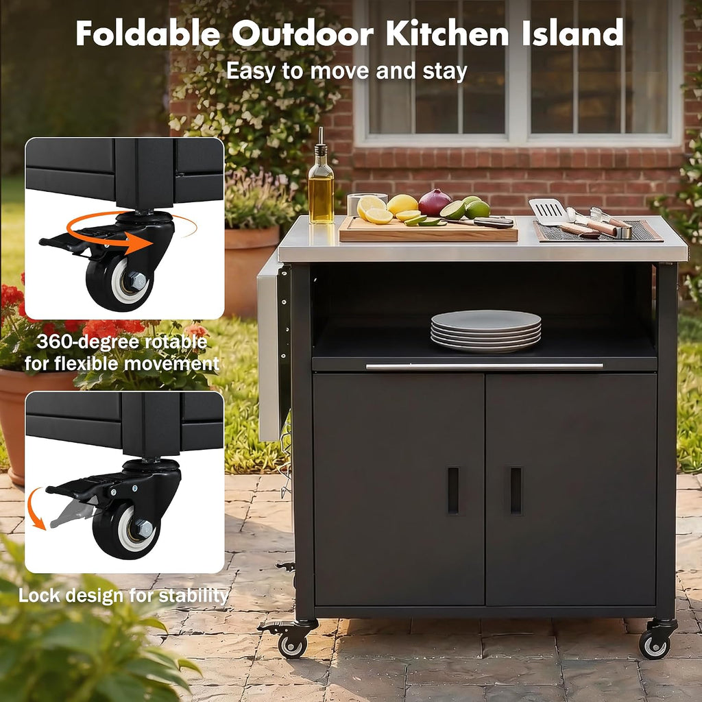LUMISOL Grill Cart with Foldable Tabletop, Outdoor Foldable Kitchen Cart with Trash Rack, Portable Prep Station Patio Dining Cart with Storage Space and Open Drawer, for Patio Backyard, Black