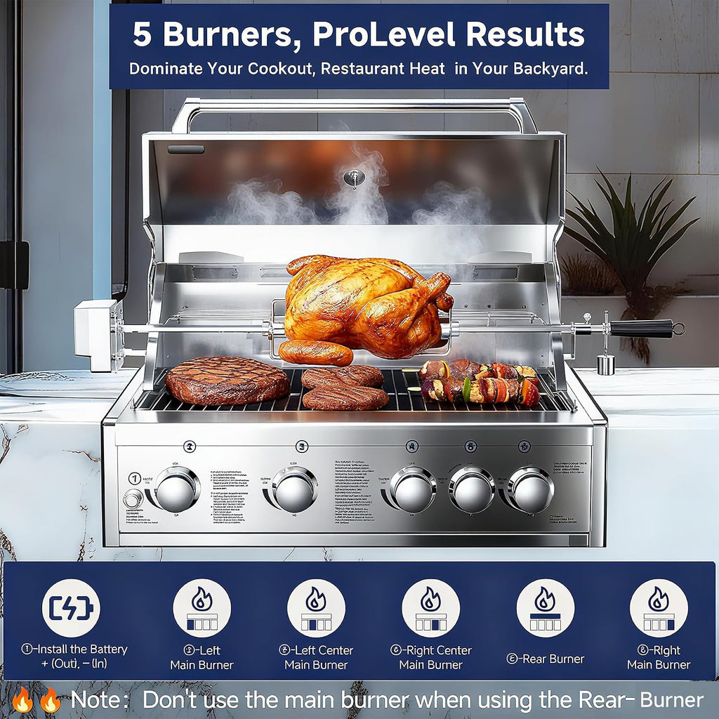BODEGA 30 Inch 5-Burner Propane Gas Grill with Rotisserie Chicken Fork Kit, 58000-BTU Outdoor Gas Grill for Kitchen, LPG/NG Convertible, Backyard BBQ Grill with Temperature & Rear Infrared Burner.