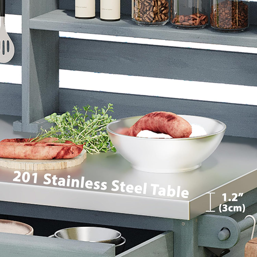 Merax 64.9'H Outdoor Potting Bench Table with Lockable Wheels, Solid Wood Outdoor Kitchen Island with Upper Hutch, Stainless Steel Top, Towel Rack, Outdoor Storage for Grilling, Lawn Garden, Grey Blue