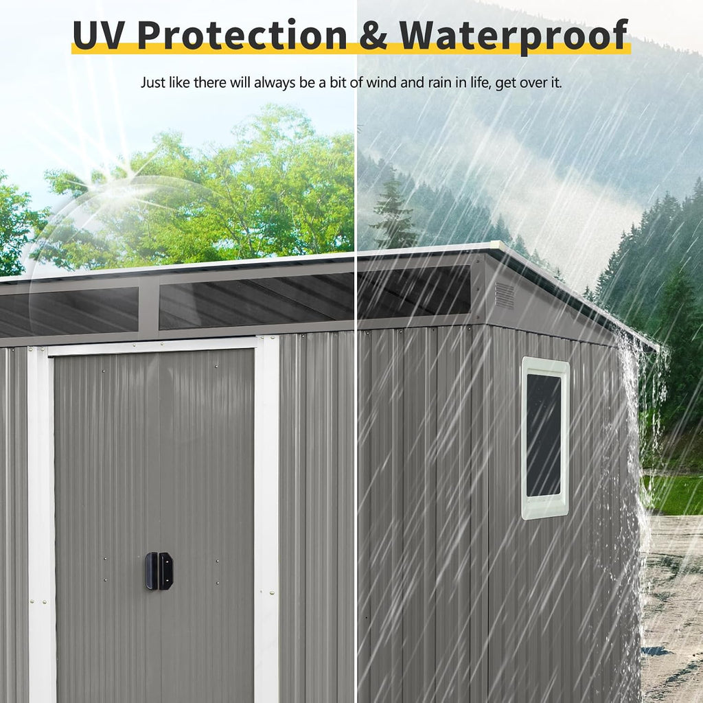 JT 8X6FT Outdoor Storage Shed, Galvanized Metal Garden Shed with Window and Metal Foundation, Tool Storage Shed for Patio Lawn Backyard (Gray-with The window-8ftx6ft)