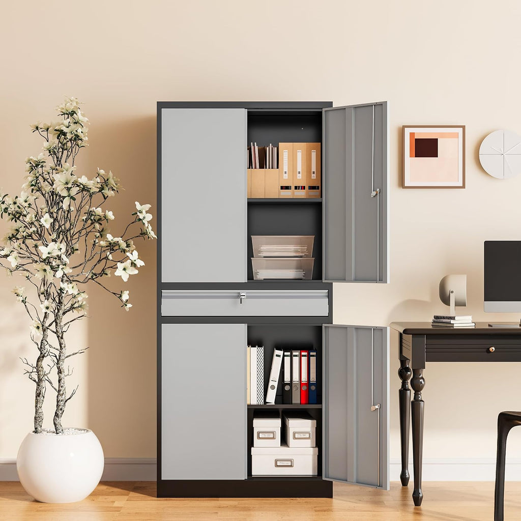Metal Garage Storage Cabinet, 71' Lockable Storage Cabinet with 2 Adjustable Shelves and 1 Drawer for Garage, Utility Room, Warehouse (Black Grey)