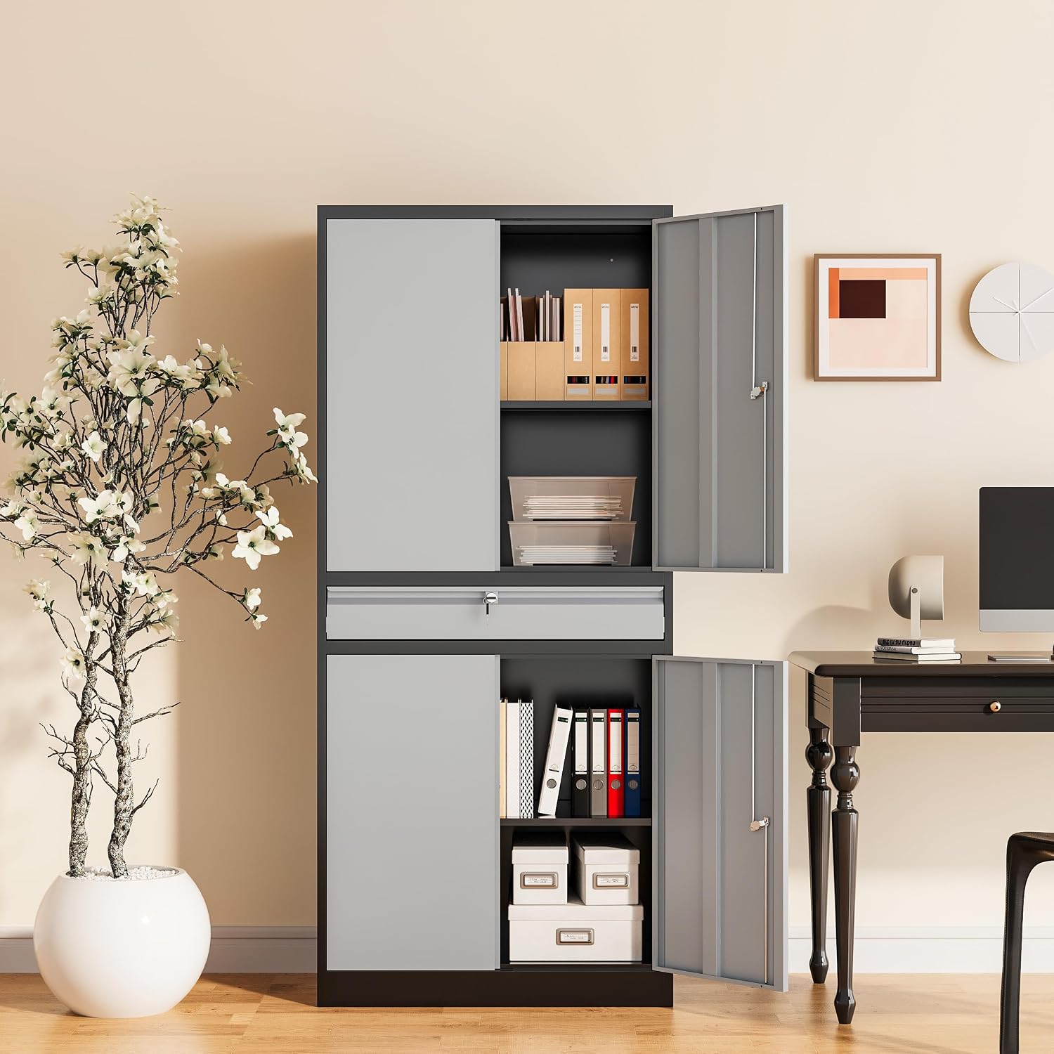 Metal Garage Storage Cabinet, 71' Lockable Storage Cabinet with 2 Adjustable Shelves and 1 Drawer for Garage, Utility Room, Warehouse (Black Grey)