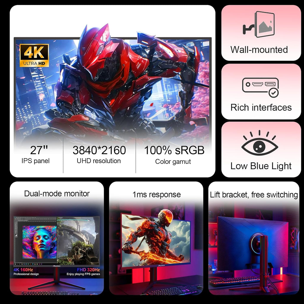 27' Dual Mode Gaming Monitor, 4K UHD 160Hz & FHD 320Hz, Fast IPS 1ms, Adaptive Sync, HDR300, HDMI 2.1 & DP 1.4, Height Adjustable, VESA Mountable (GT27 Twin)