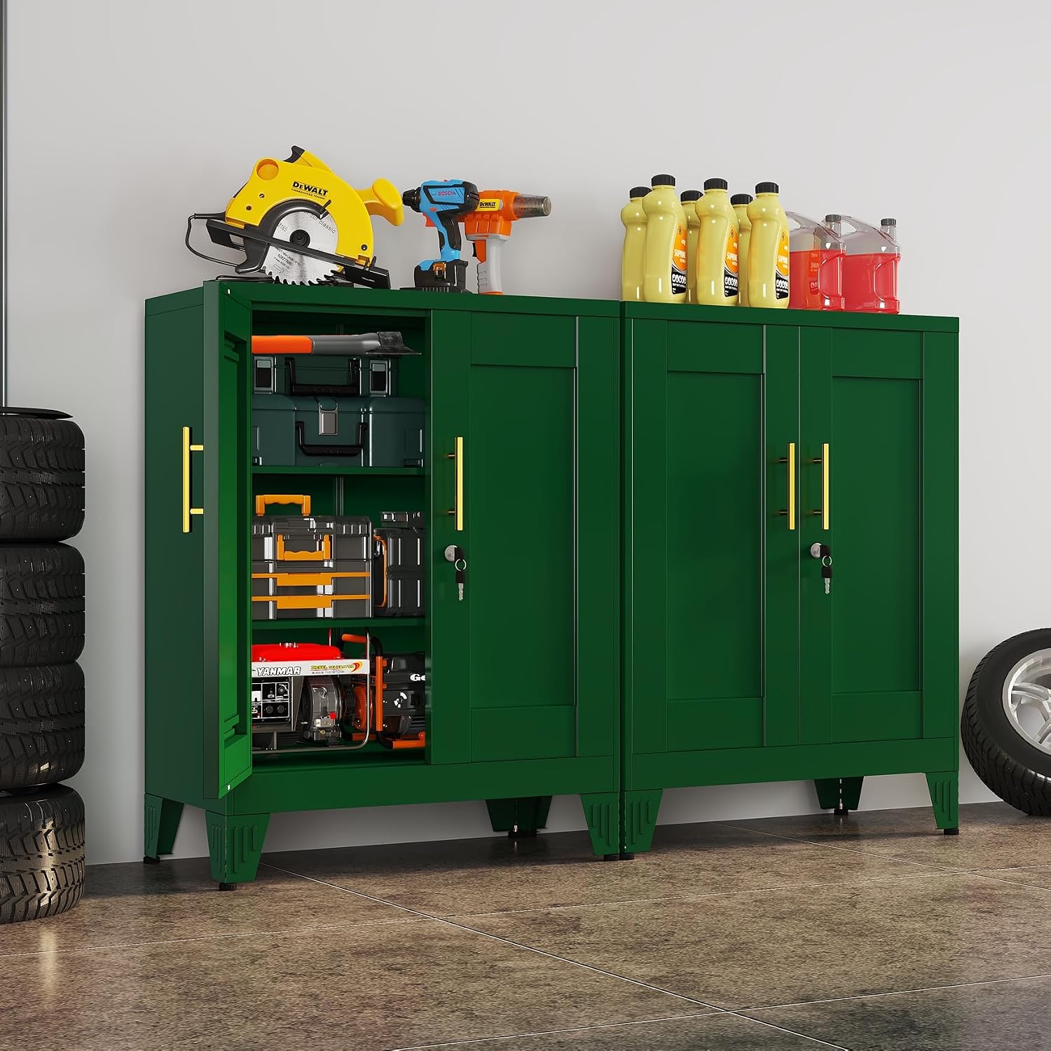 Green Metal Storage Cabinet, 36' Tall Locking Storage Cabinet with 2 Adjustable Shelves, Steel Locker Organizer, for Office, Home, School, 2PS