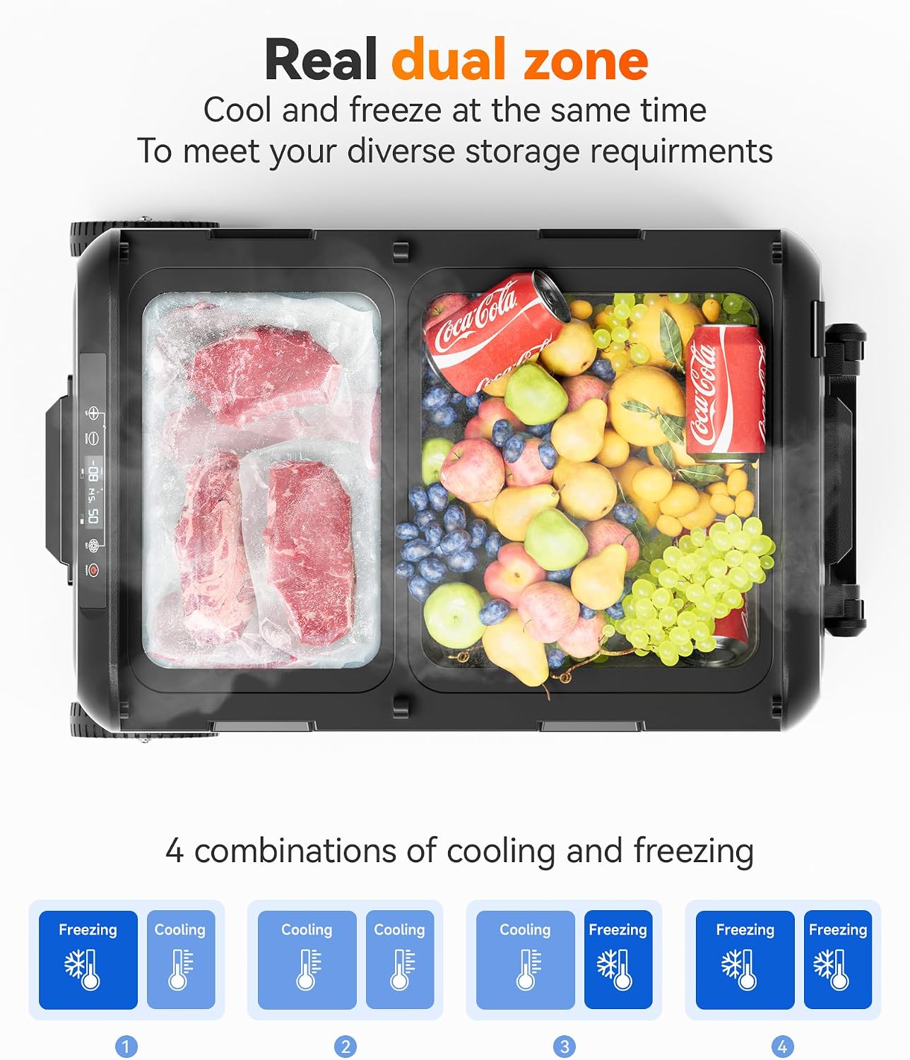 WOLFBOX 12V Car Refrigerator, 58 Quart Dual Zone Car Fridge, Portable Freezer(-8℉~68℉) with 12/24V DC 100/240V AC, APP Control Electric Cooler for Car, RV, Camping, Travel and Home Use