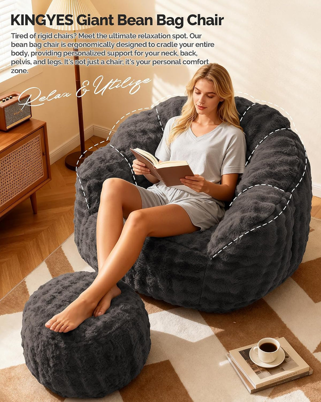 KINGYES Giant Bean Bag Chair with Ottoman, 3 in 1 Bean Bag Couch with Memory Foam Filler,Gaming Chair for Adults, Bean Bag for Kids & Teen, Dark Gray