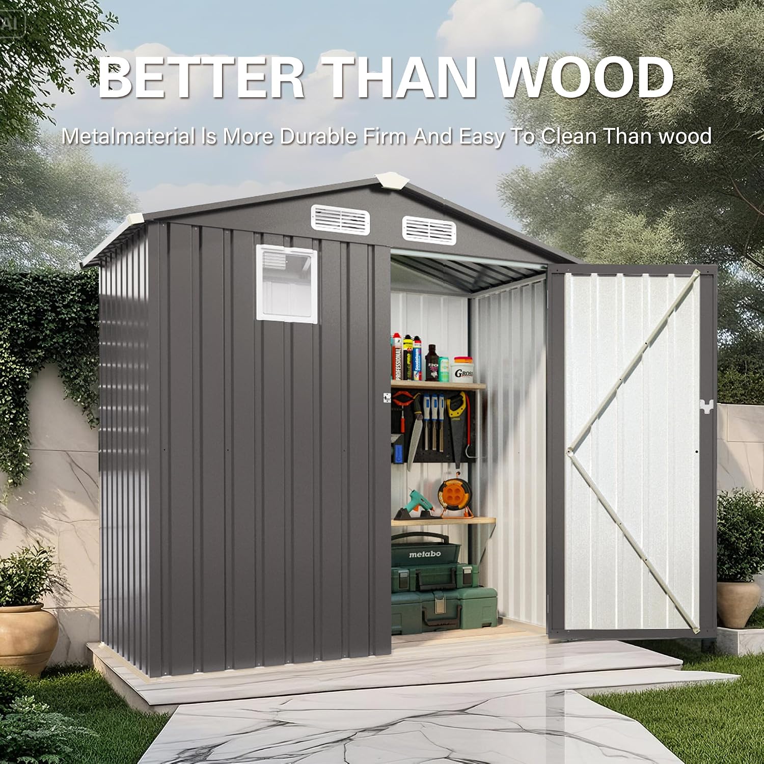 YOPTO 6X4 FT Metal Outdoor Storage Shed,Waterproof Tool Sheds with Pitched Roof and Positive Window,Backyard House Buildings w/Lockable Door & Vents,for Garden Sundries Sundries Bike,Gray