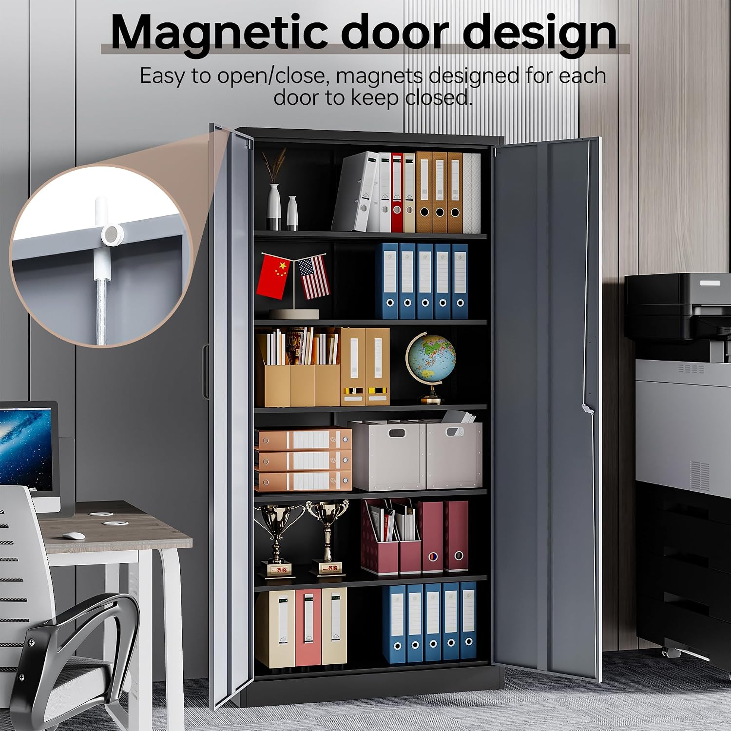 Metal Garage Cabinets, 72' Tall Locking Storage Cabinets with 2 Doors and 5 Adjustable Shelves, Steel Utility Tool Cabinet, Lockable Outdoor Storage Cabinet for Pantry, Garage, Home Office
