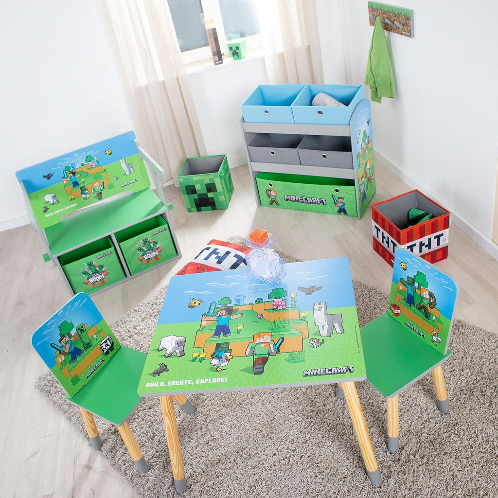 Minecraft: Seating Group Set - Table & 2 Chairs - Green & Blue, Kids Wooden Minecraft Set, Outdoor Game Scene Imagery, Children's Room Decor, Licensed