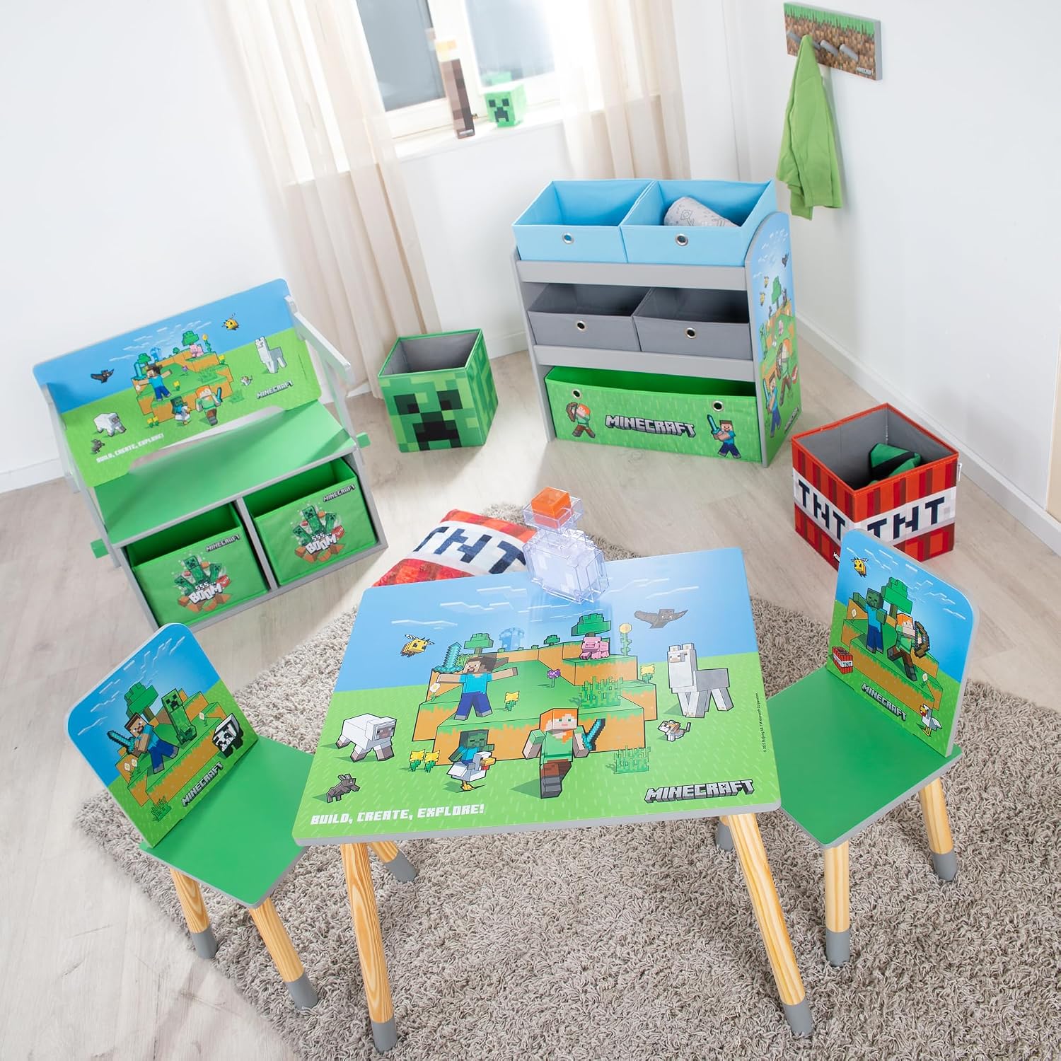 Minecraft: Seating Group Set - Table & 2 Chairs - Green & Blue, Kids Wooden Minecraft Set, Outdoor Game Scene Imagery, Children's Room Decor, Licensed