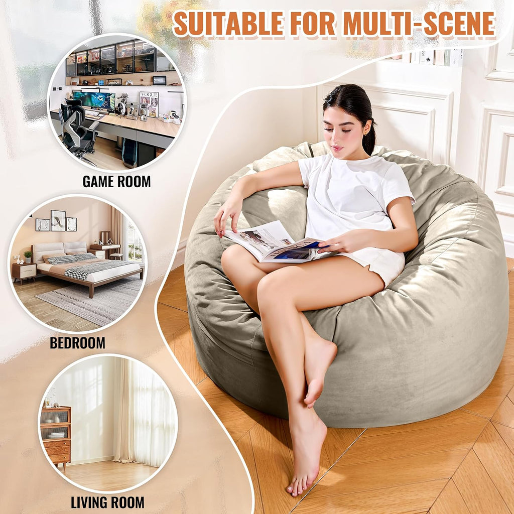 4FT Bean Bag Chair, Bean Bag Chairs for Adults and Kids, Fluffy and Comfy Bean Bag with Velvet Cover, Bean Bag with Memory Foam Filled for Gaming, Living Room, Playroom (Light Grey)
