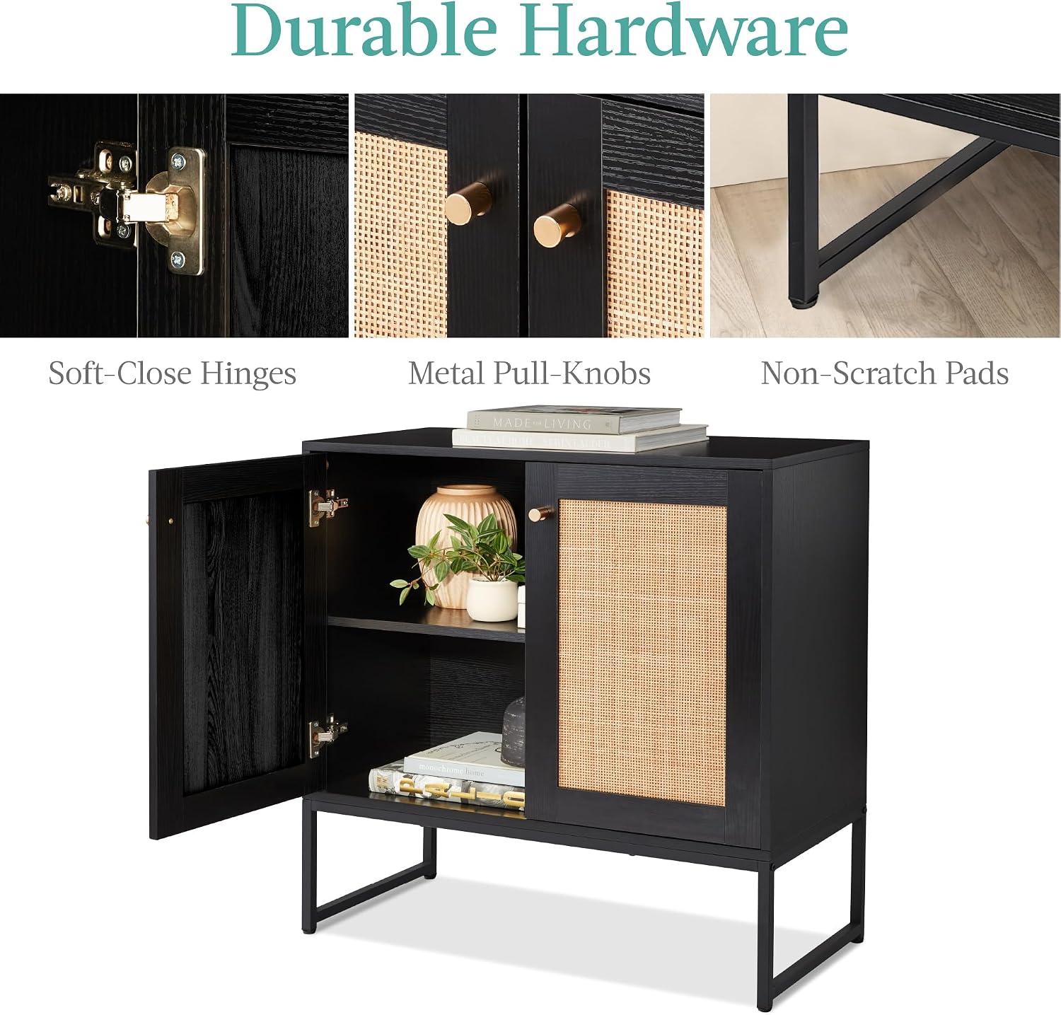 Best Choice Products 2-Door Rattan Storage Cabinet, Accent Furniture, Multifunctional Cupboard for Living Room, Hallway, Kitchen, Sideboard, Buffet Table w/Non-Scratch Foot Pads - Black
