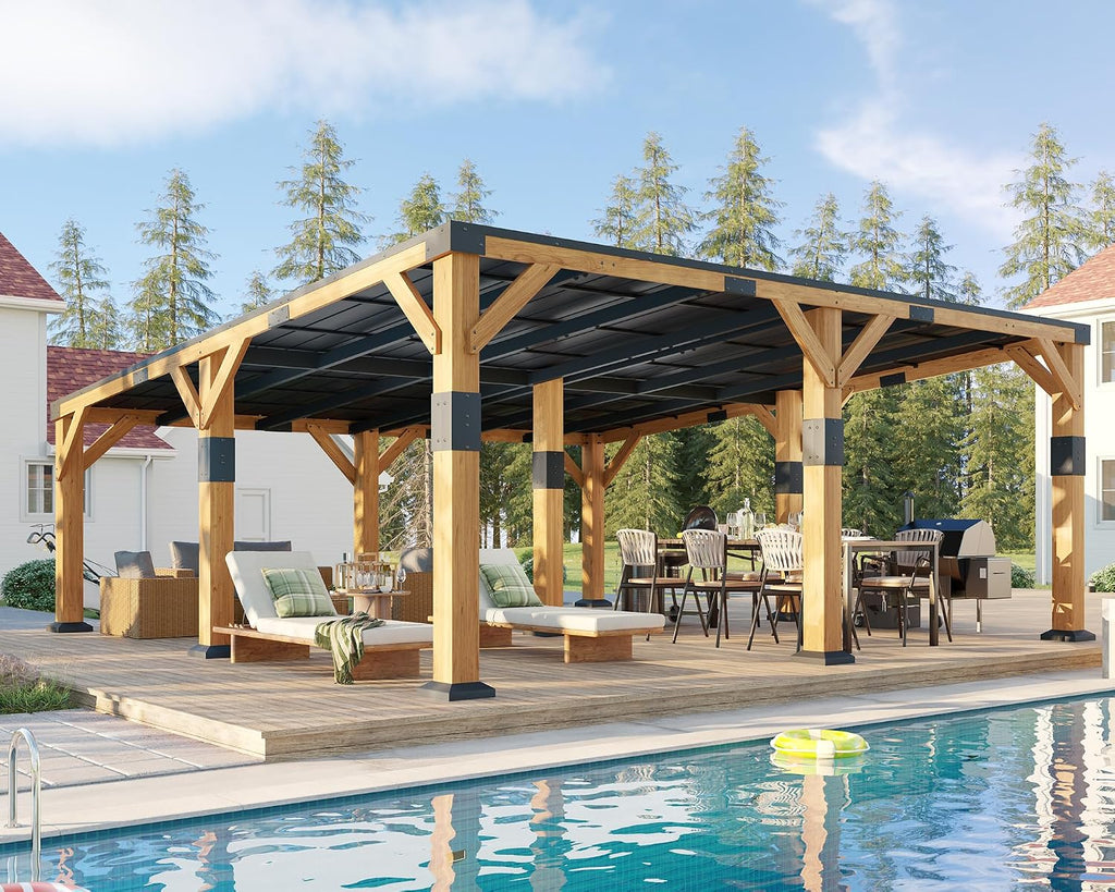 Jocisland 20' x 20' Cedar Wood Gazebo with Sloped Galvanized Steel Roof, Hardtop Gazebo Pavilion with Durable, Rot-Resistant Construction, Permanent Outdoor Pergola for Backyard, Garden & Deck
