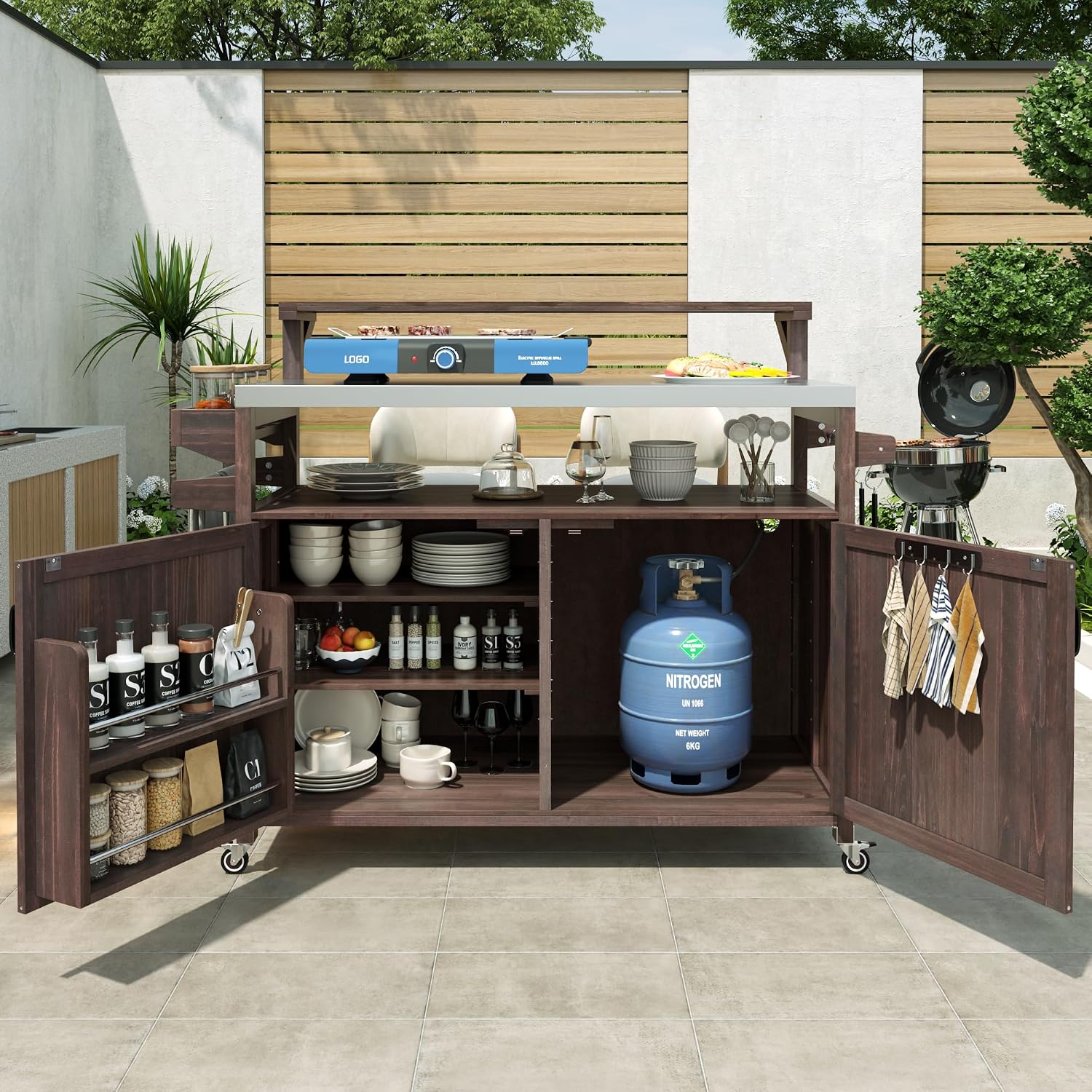 Outdoor Kitchen Island with Stainless Steel Top, 53.3' Rolling Grill Cart with Adjustable Shelves, Raised Shelf, Lockable Wheels, Portable Outdoor Table and Bar Storage Cabinet for Patio