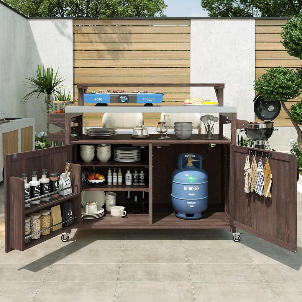 53.3' Outdoor Kitchen Island with Stainless Steel Top, Rolling Grill Cart with Adjustable Shelves, Raised Shelf, Lockable Wheels, Portable Outdoor Table and Bar Storage Cabinet for Patio
