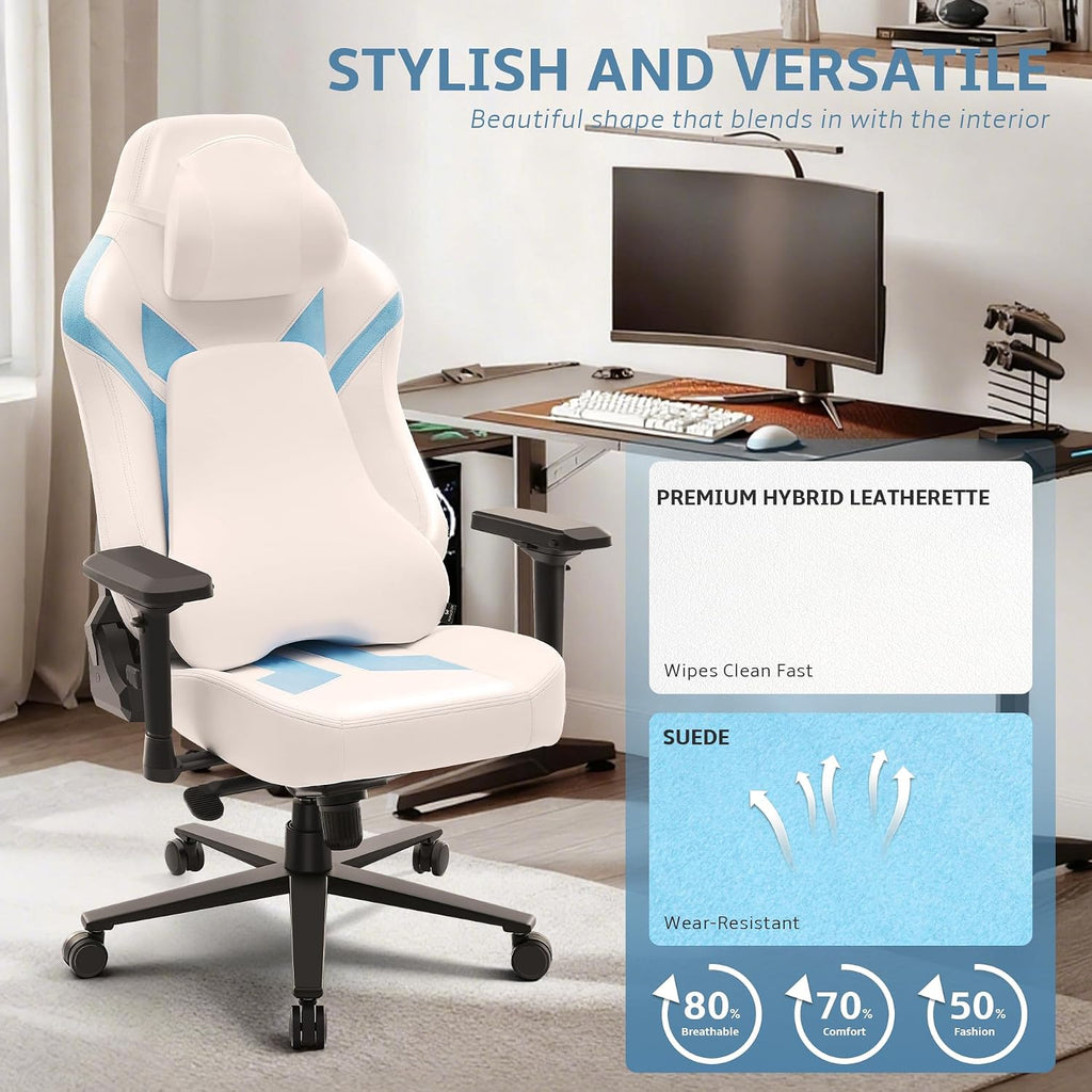 Ergonomic Gaming Chair, Computer Desk Chairs, 4D Armrests, High Back Office Chair with Headrest & Lumbar Pillow, Tilt Rocker Recliner, Heavy-Duty Base, White PU Leather & Blue Suede Combo
