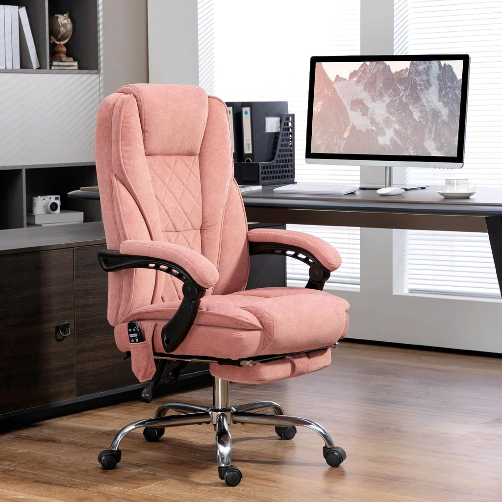 Vinsetto Massage Office Chair with Foot Rest, Executive Computer Desk Chair with 6 Vibration Point and Heat, Reclining Backrest, Swivel Wheels, Adjustable Height, Pink